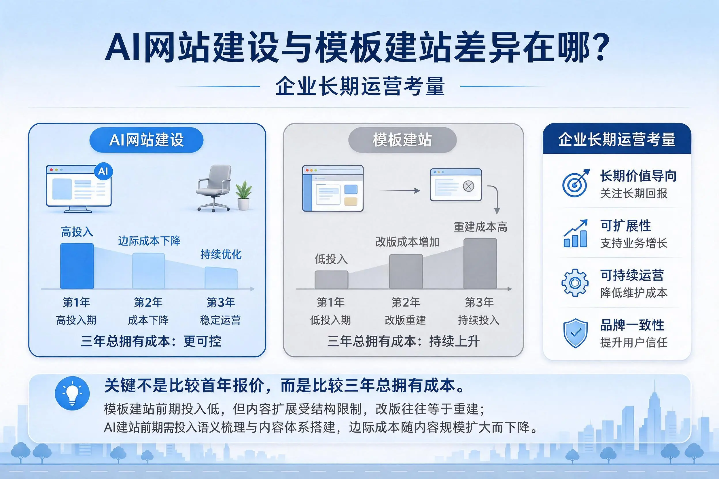 AI网站建设与模板建站差异在哪？舟山企业长期运营考量
